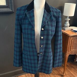 Pendleton Blue and Green Plaid Blazer with Black Collar